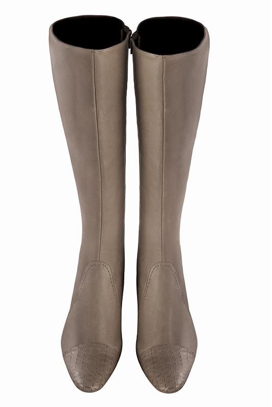 Bronze beige women's feminine knee-high boots. Round toe. High block heels. Made to measure. Top view - Florence KOOIJMAN